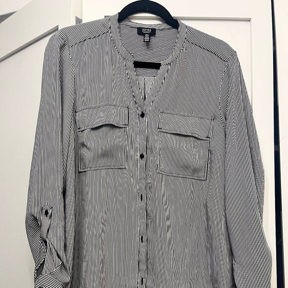 Jones New York Black and white striped button down blouse / shirt - Picture 1 of 5